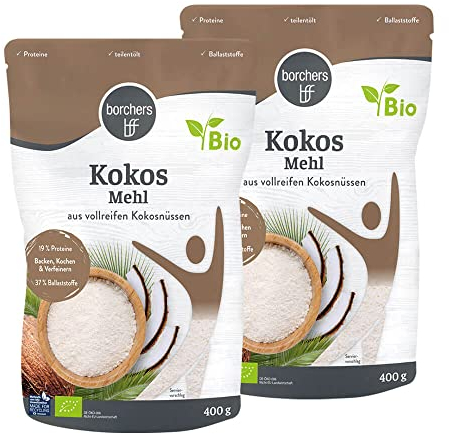 BORCHERS Bio Kokosmehl, 2x 400g, fein vermahlen, teilentölt, naturbelassen, leichte Süße, Proteinquelle, ballaststoffreich, vegan, zum Kochen, Backen & Verfeinern