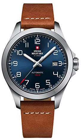 Swiss Military by Chrono Herren Uhr Armbanduhr Automatik Uhrwerk mit Lederarmband Analoge Herrenuhr Silber SMA34077.03