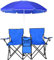 COSTWAY Double Camping Chair, Portable Folding Loveseat with Umbrella, Ice Bag, Cup Holder & Carrying Bag, Outdoor Garden Seaside Fishing Picnic Leisure Lover Chairs Set (Blue)