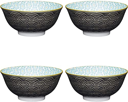 KitchenCraft Set of 4 Glazed Stoneware Bowls with Japanese Wave & Floral Pattern, Grey & Turquoise Ceramic Bowls with Footed Base, Microwave & Dishwasher Safe, 15.7 cm (6)