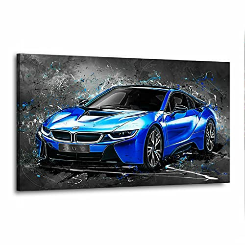 Kunstgestalten24 Leinwandbild BMW i8 er Blue Style Wandbilder Auto Kunst Druck XXL Übergrößen Wand Deko Keilrahmen, Größe: 90x50cm mit 4cm Rahmen