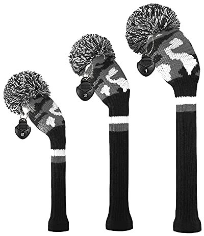 Scott Edward Maßgeschneiderte Strick-Golfschläger-Hülle, 3 Zähler, für Driver (460 CC), Fairways-Hybrids/Utility mit großem Pom Pom (Camouflage)