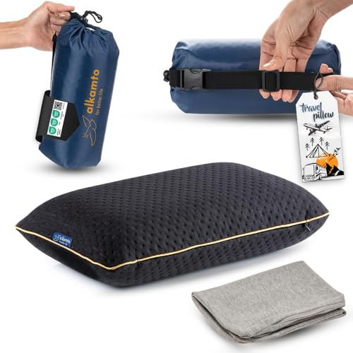 alkamto Oreiller Confortable en Mousse à mémoire de Forme pour Voyage et Camping - Sac Portable Facile à Transporter - Régule la température (Noir + Housse supplémentaire)