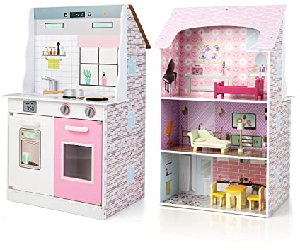 COSTWAY Cucina delle Bambole per Bambini 2 in 1, Casetta delle Bambole di Legno e Cucina con Mobili e Accessori, 55 x 42,5 x 91 cm