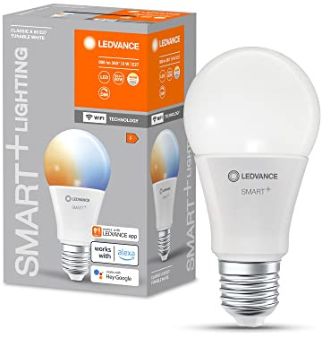 LEDVANCE SMART+ WiFi LED lamp, White Frosted Look, 9W, 806lm, Classic Bulb Shape with E27 Base, Adjustable White Light, dimmable, app or Voice Control, Life of up to 20,000HR, Pack of 4