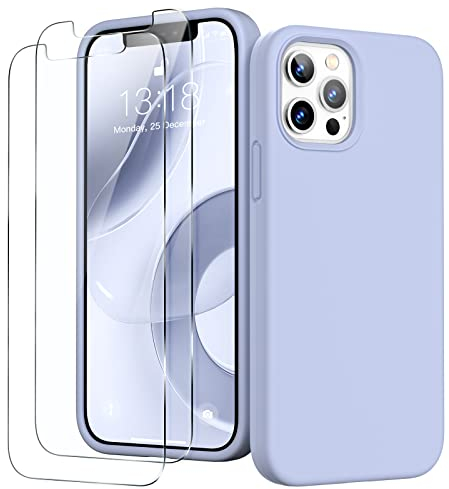 GOODVISH 3 in 1 for iPhone 12 Pro Max Case Liquid Silicone with 2x Screen Protector, Anti-Scratch Full covered Microfiber Lining Shockproof Protective Slim Phone Case Cover 6.7, Spring Blue
