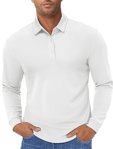 TACVASEN Mens Long Sleeve Shirts Quick Dry Golf Polo Shirt Tactical Polo Shirts Lightweight Hiking T Shirt White,L
