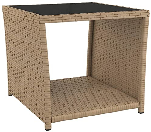 vidaXL Table à thé Dessus en Verre Beige Résine tressée Verre trempé