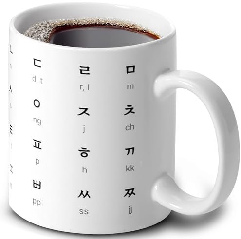 BICETTO Koreanische Keramik-Kaffeetasse mit atemberaubendem Hangul- und englischem Alphabet-Muster, ideale Tasse für Kaffee- und Sprachbegeisterte, langlebig, hochwertiges koreanisches Geschenk