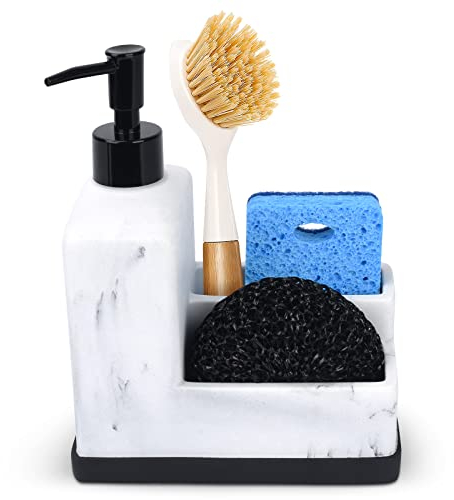 Distributeur de savon à vaisselle avec porte-éponge, aspect marbre blanc, distributeur de savon liquide pour les mains et la vaisselle et panier éponge avec porte-brosse, organiseur de comptoir 3 en 1