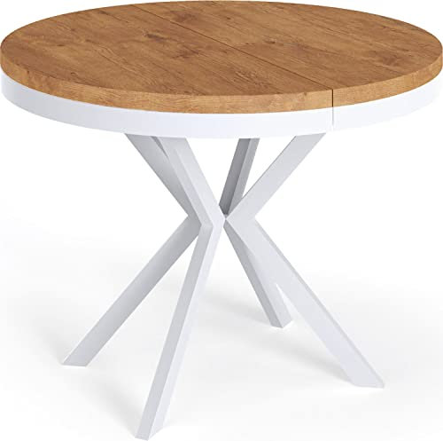 WFL GROUP Table à Manger Extensible Ronde - Table Style Loft avec Pieds en Métal Blancs - 120 à 200 Cm - Table Ronde Style Industriel pour Le Salon - Compacte - 120 Cm - Chêne Lancelot