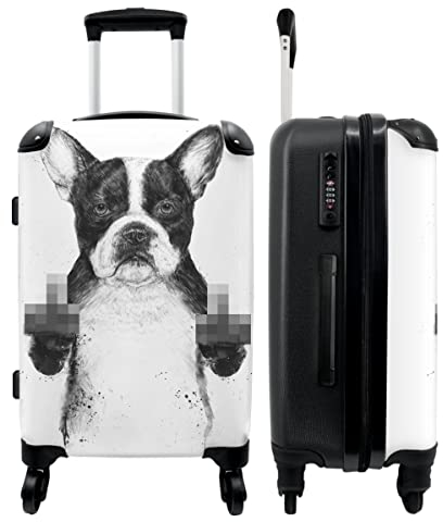 NoBoringSuitcases.com® Koffer groß Trolley Rollkoffer Reisekoffer mit 4 Rollen Fotokoffer - Hund - Tier - Finger - Weiß - 67x43x25cm - 90 Liter