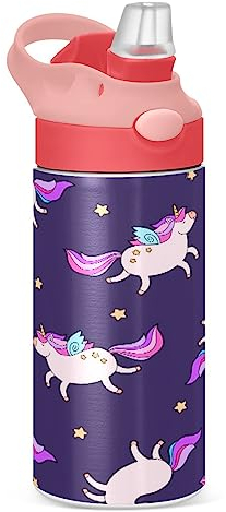 Unicornio Azul Gordo Botella de Agua Acero Inoxidable Beber Térmica con Pajita para Niños Niñas