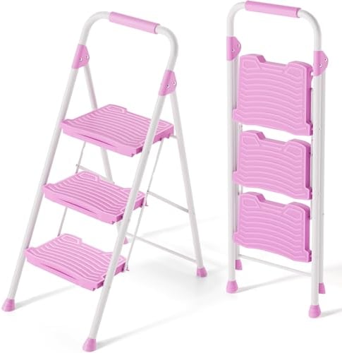 KINGRACK Escalera Plegable 3 Peldaños Anchos con Baranda, Escalera de Tijera con Pedal Antideslizante, Taburete Plegable para Hogar Cocina Garaje Jardín Oficina, Capacidad de Carga de 900LBS, Rosa