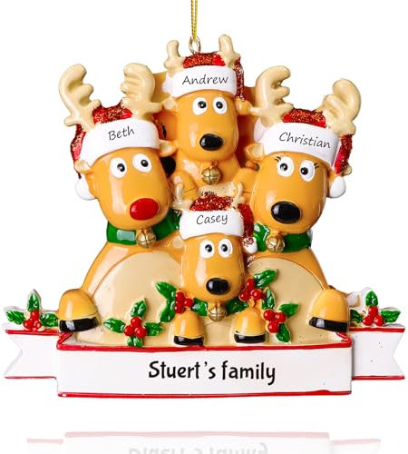 witfox Personalised Family Christmas Ornaments 2024 - Personalised Christmas Ornaments Family of 4, Custom Name Reindeer Xmas Ornaments Personalised for Family Member