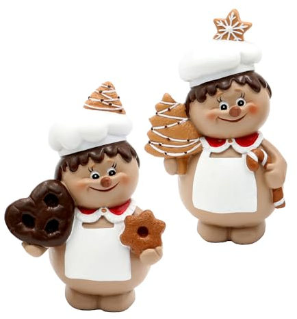 Dekohelden24 Keramik Weihnachtsbäcker mit Lebkuchen in weiß/braun als 2er Set, Maße je Figur L/B/H 9 x 6 x 13 cm