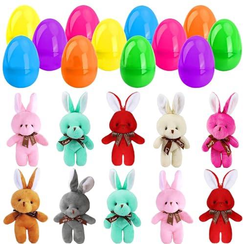 YouYuer Ostereier zum Befüllen,10PCS Ostereier mit Osterhase Plüschtier,Ostereier Plastik mit Plüschhase,Kaninchen Kuscheltier Ostern Dekoration Ostern Partyzubehör Geschenk für Kinder (B)