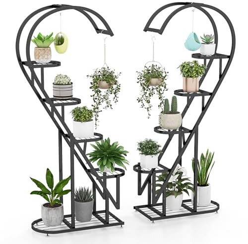 RELAX4LIFE Porta Piante a 5 Livelli, Scaffale per Piante in Metallo, Forma di Cuore, Supporto per Piante con 4 Ganci, Porta Vasi per Soggiorno e Camera da Letto (2, Nero, Cuore)