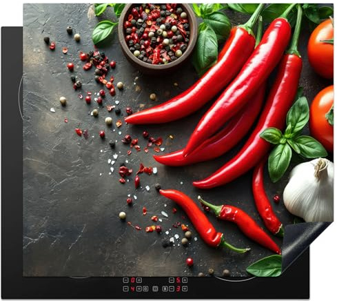 KitchenYeah© Herdabdeckplatte Einteilig Küche Herdabdeckung Induktionsfeld | 59x51 cm - Ceranfeld Herdabdeckplatten Vinyl Matte Aufrollbar Gemüse - Paprika Beton