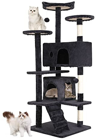 FDW Arbre à Chat Hauteur 139 cm Tour de Jeux pour Chat avec 2 Niches 3 Plateformes 2 Boules en Sisal Arbre à Grimper Multi-Niveaux Idéal pour 3-4 Chats Gris Foncé