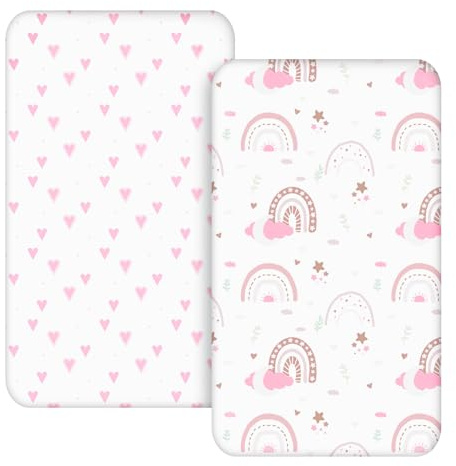 Soarwg Kids Moses Basket Crib Fitted Sheets, 2-Pack, Oeko-Tex | Pink Heart design. Soft cozy lightweight. Fits oval, hourglass & rect. bassinets. Oeko-Tex.