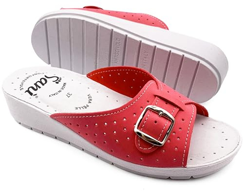 Ciabatte Donna Estive Comode Pantofole in Vera Pelle con Fibbia Regolabile a Punta Aperta Sandali Sanitari con Fascia (Fucsia, Sistema Taglie Calzature EU, Adulto, Donna, Numero, Media, 37)