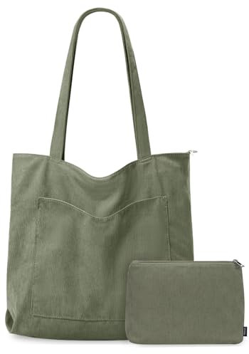 GASSDA Handtasche Damen Groß Shopper Tasche Damen Cord Tasche Tote Bag mit Reißverschluss für Arbeit Einkaufen Fitness Reisen (A-Dunkelgrün)