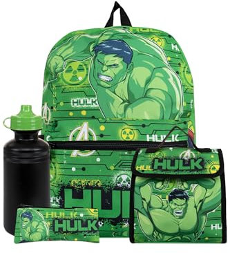Marvel Mochila Niño | Mochila De Hulk Y Bolsa De Almuerzo | Set Fiambrera Y Botella Infantil | One Set Verde