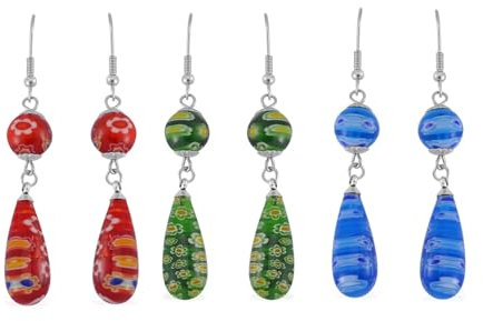 SHOP LC Murano-Glas-Tropfenohrringe für Damen | Millefiori-Gänseblümchen-Schmuck | Farbenfrohe Sommer-Ohrringe im 3er-Set | Hypoallergene Creolen als Geschenk