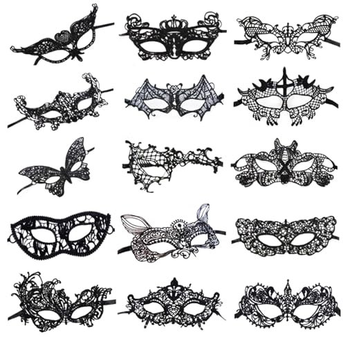 Bestgle 15 Pack Masque de Dentelle Mascarade Vénitienne Sexy Lace Noir Masque de Partie de Boule de Demi-Visage pour Carnaval d'halloween Fête de Noël