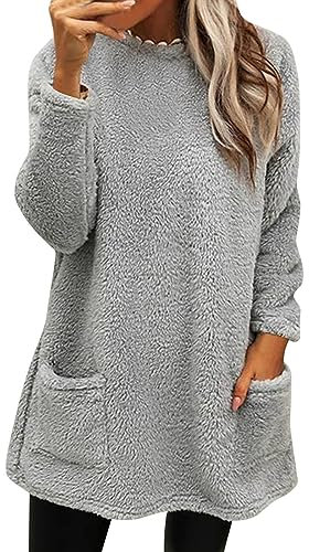 Generisch Black Friday Angebote 2024 Pullover Damen Lang Teddy Fleece Flauschig Pulli Weich Winter Warm Sweatshirt Langarm Fleecepulli Plüsch Tops Oberteile Mit Taschen Tagesangebote Heute Blitz