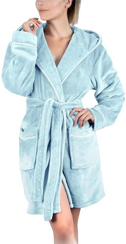 Gräfenstayn Bademantel Damen flauschig mit Kapuze - Kuschelfleece - Öko-Tex Standard 100 - Morgenmantel leicht & kurz - Größe (M, Hellblau)