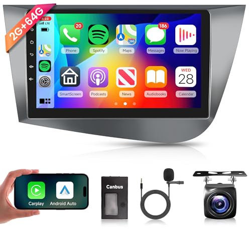 2G+64G Inalámbrico Carplay Android 13 Radio de Coche 2 DIN para Seat Leon 2 mk2 2005-2012 9 Pulgadas Radio Coche con Android Auto GPS Navi WiFi Mirror Link Bluetooth FM/RDS/EQ/USB/SWC Cámara Trasera