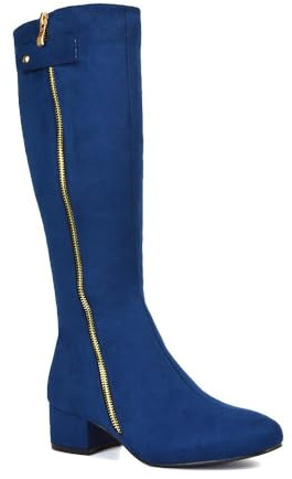 ESSEX GLAM Women's Knee High Boots Ladies Decorative Zip Low Heel Round Toe Navy Faux Suede Biker Long Shoes Size 6