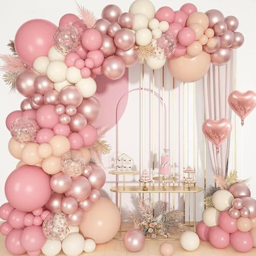 Ballon Garland Rosa Gold, 117 Stück Retro Rosa Beige Weiß Luftballon Girlande, Luftballons Dekorationen für Geburtstag, Boho Hochzeit, Baby Party, Henne Party, Engagement