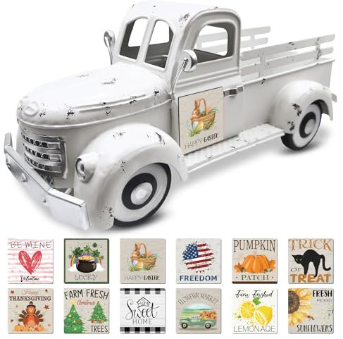 Décoration de Jardin de Voiture de Pâques, Pot de Fleurs de Camion Vintage en Métal de 34cm avec 12 Saisons Signes Magnétiques, Contenants pour Plantes de Camion pour Table, Balcon de Jardin, Blanc