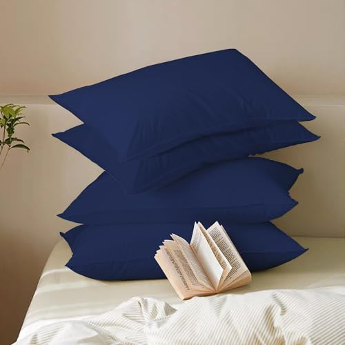 MistyMorning Pillow Cases 4 Pack Soft & Premium Quality Bedding & Linen, Egyptian Cotton 200 Thread Count, Breathable & Envelope Closure in Standard Size (50x75+15 cm) (Navy, Pack of 4)