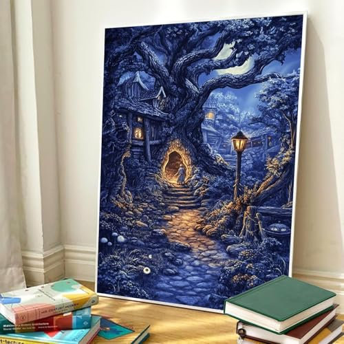 Malen Nach Zahlen Baumhaus, Malen Nach Zahlen Erwachsene Straßenlaternen Paint by Numbers, DIY Ölgemälde Kit, mit 3 Pinsel und Acrylfarbe Als für Home Deko, Frauen Geburtstag Geschenk 40x50cm L8-234