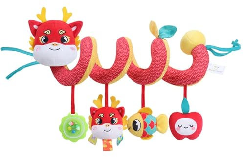 AQCQDQ Kinderwagen Spielzeug, Activity Spirale Spielzeug für Bett, Baby Mobile Kette mit Niedlichen Figuren, Kinderwagenkette für Kinderbett/Autositz/Babyschale (30 * 25 cm,Rot Dinosaurier)