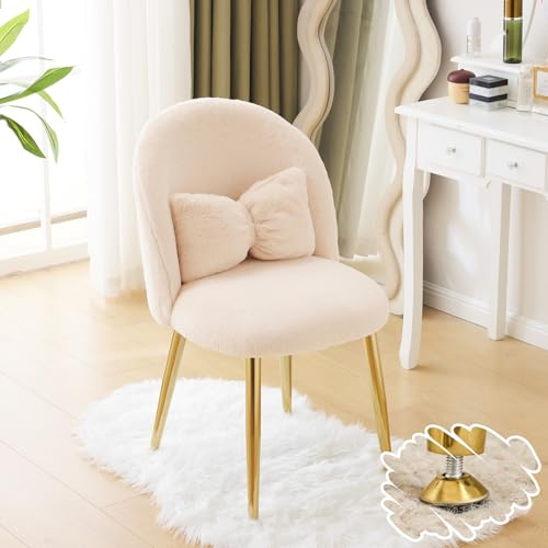 Bonnlo Girls Vanity Chair, Cute Small Cozy Desk Chair No Wheels, Khaki | Comfy Makeup Chair with Ajustable Gold Legs, for Bedroom, Living Room, Small Space, Kids Desk