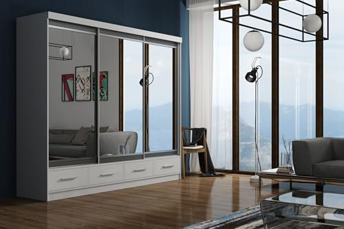 Krudox MAR Weiss Schiebetürenschrank Kleiderschrank 250x216x62 cm mit Spiegel und Grau Lacobel Schlafzimmermöbel, Aufbewahrung – Mehrzweckschrank mit 3 Kleiderstangen und 4 Schubladen