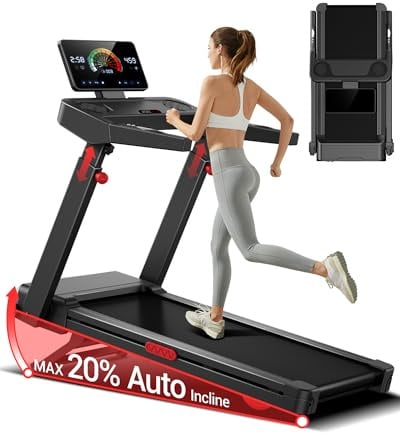 UMAY Laufband mit Steigung Automatisch um 20%, 14 KM/H Laufband Für Zuhause Klappbar 4-stufiger Verstellbarer Konsole und Leisem 3,5-PS-Motor, Treadmill for Home Max. 180 KG