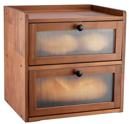 SUNNYNEST Wooden Bread Bin Double Layer – Large Bread Storage Box with Acrylic Front Door, Ventilated Solid Pine Bread Box for Kitchen Countertop, Vintage Food Storage Cabinet 36.5x24x34cm (Brown)