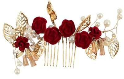 Qury Perlen-Haarkamm, rote Blume, Kristallblatt, Brautschmuck, Brautjungfer, Hochzeit, Haarschmuck