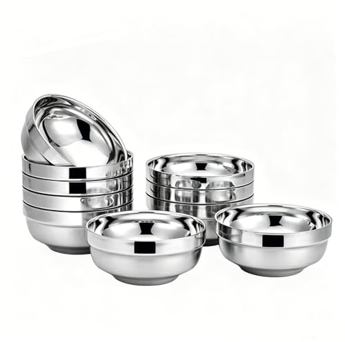 WANBY Stainless Steel Bowls 10Pcs 18cm Double Layered Cereal Salad Bowl Set | Unbreakable Lightweight Reusable Dishwasher Safe Daily 1000ml/34Oz Metal Dinner bowls for Kitchen Feeding Serving Camping