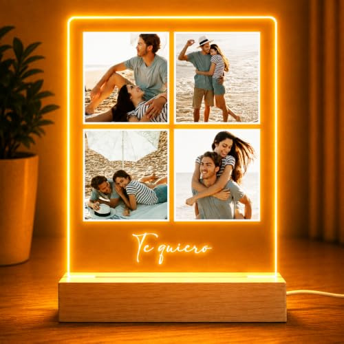 Lampara Personalizada con Foto, Regalos Personalizados para Hombre y Mujer, Placa Metacrilato Luz LED y Base Madera USB, Cuadro Personalizado con Foto, regalo Cumpleaños, Navidad, Boda, Aniversario