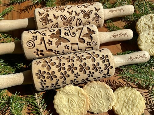 SOMMER 3-er SET Kinder Nudelhölzer für hausgemachtes Gebäck. Sommer Teigrolle. Gravierte Teigroller. Nudelholz mit Muster von Algis Crafts
