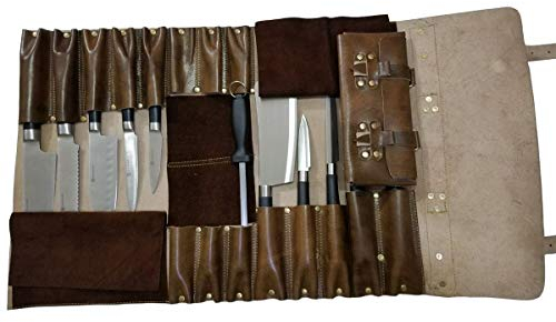 Large Professional Chef Lightweight Genuine Premium Antique Brown Leather Chef Knife Bag/Knife Roll 16 Slots Space #K015
