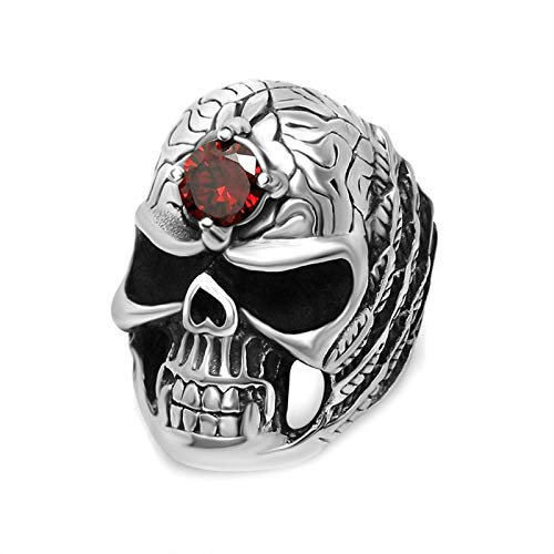 Daesar Edelstahl Herren Ring Edelstahlring Schwarz Silber Gothic Schädel Totenkopf mit Rot Zirkonia Partnerring Freundschaftsring Ring Gr.57 (18.1)