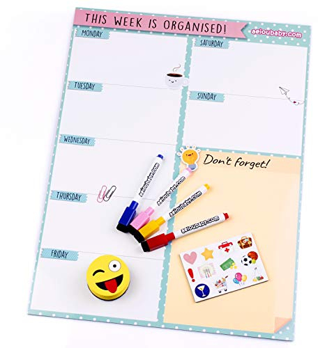 Planificador Semanal Magnético, 4 Rotuladores de Colores, 12 Imanes, 1 Borrador | Calendario Nevera 43x32cm Pizarra Cocina| Organizador Recordatorio Lista de la Compra Menú | Caja regalo(Inglés)